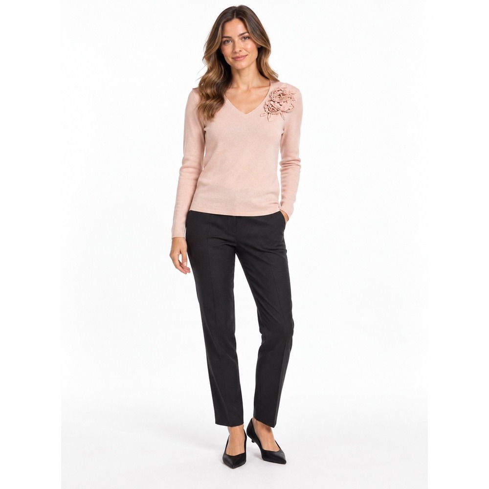 Ann Taylor Blush Pink Cashmere Angora Blend V-Neck Rosette Flower Sweater Small